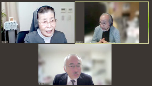 鎌田實氏（右上）と水谷修氏（下）が参加したオンラインの開所記念鼎談