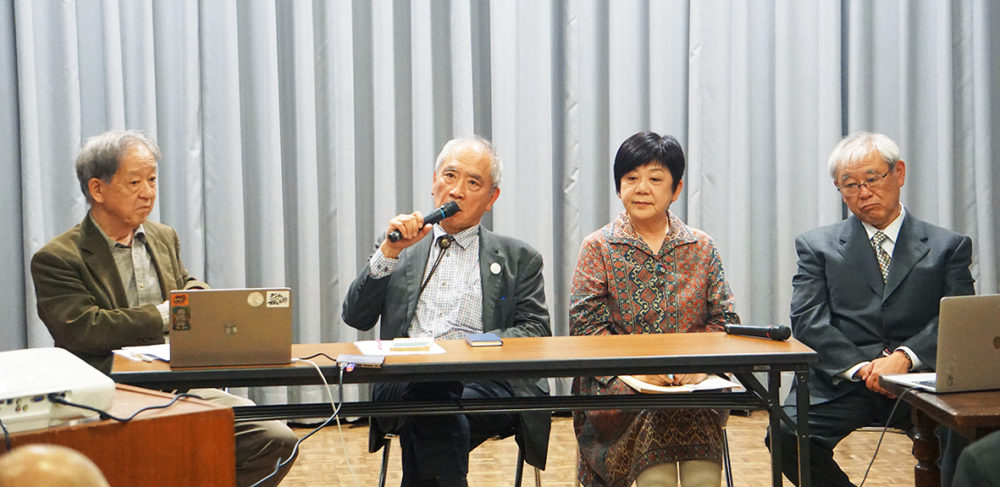 フォーラムで討論した島薗名誉教授、本田氏、藤居代表理事、大河内氏（左から）